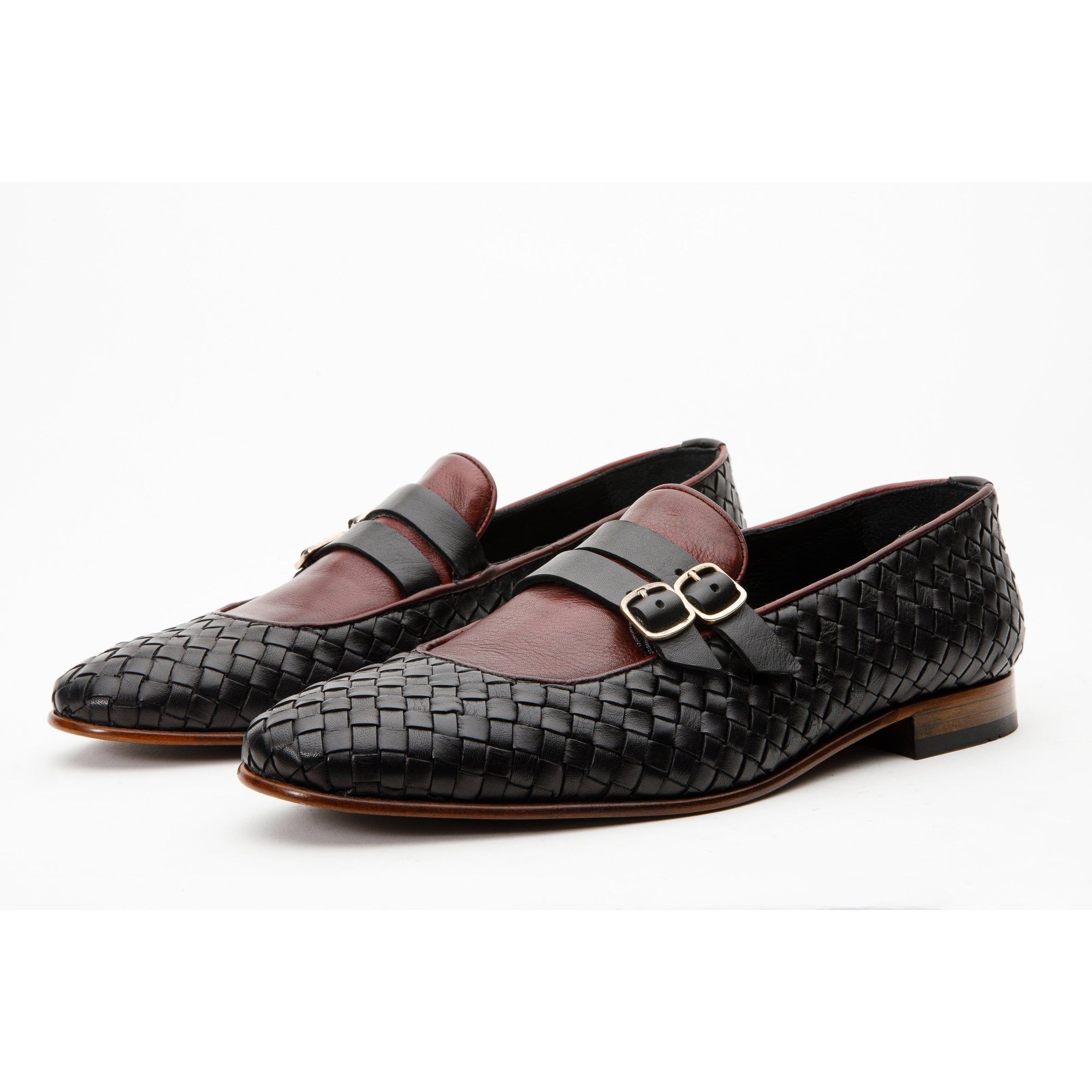 The Vatra Black & Burgundy Woven Double Monk Strap Men Shoe