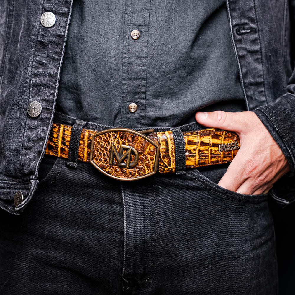 Iowa Genuine Caiman Skin Western Belt Mustard Brown