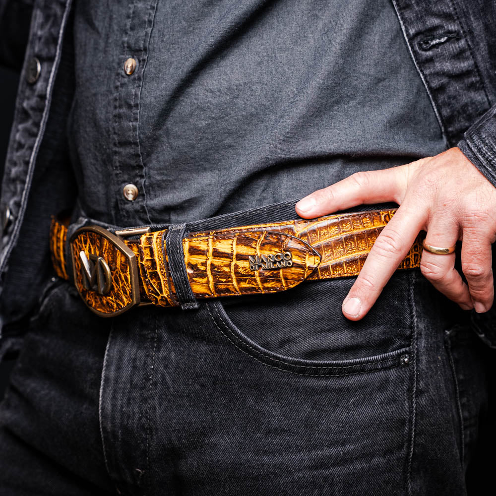 Iowa Genuine Caiman Skin Western Belt Mustard Brown