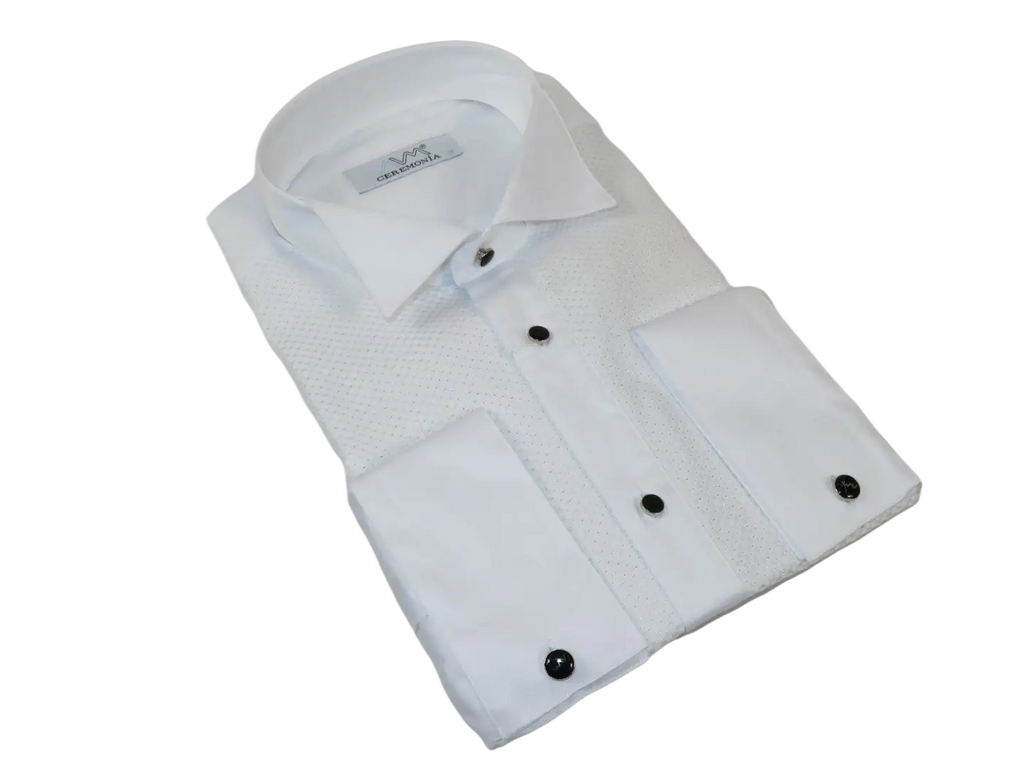 Men CEREMONIA Formal Cotton Shirt Wingtip Slim Fit Turkey #JB 13 White Pin Dot