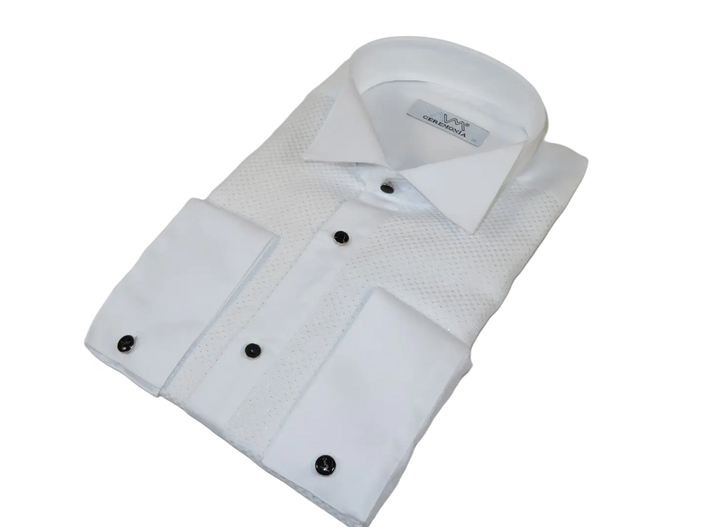 Men CEREMONIA Formal Cotton Shirt Wingtip Slim Fit Turkey #JB 13 White Pin Dot