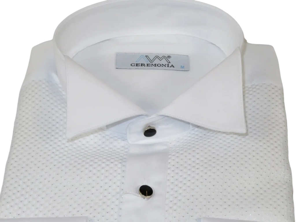 Men CEREMONIA Formal Cotton Shirt Wingtip Slim Fit Turkey #JB 13 White Pin Dot