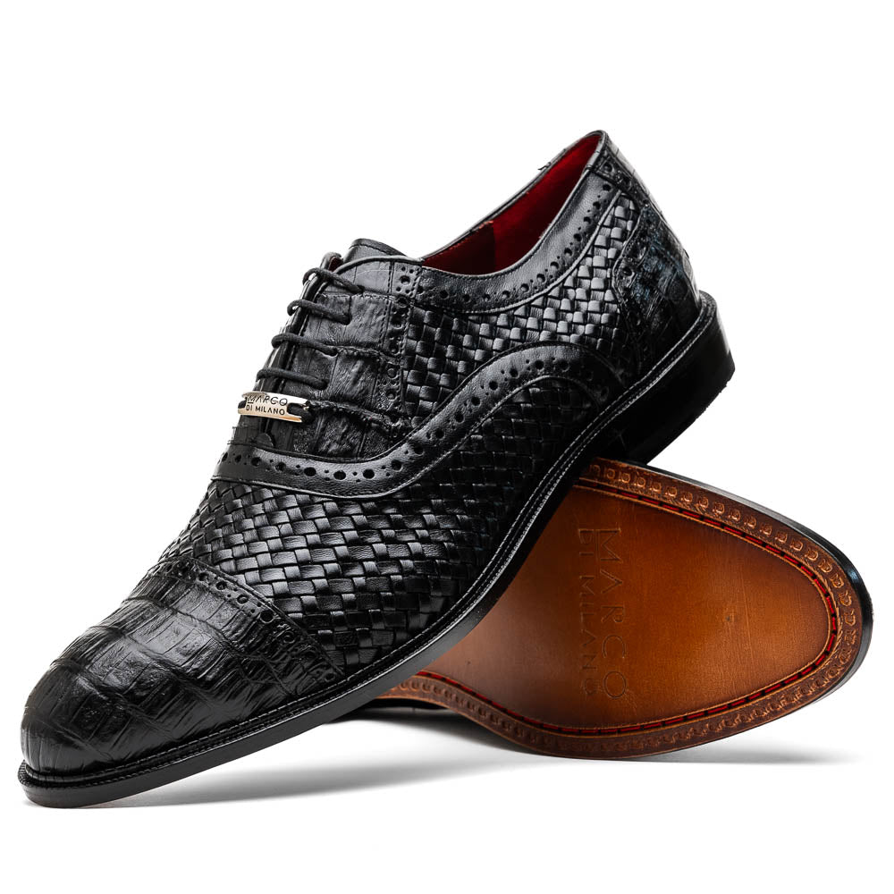 John Classic Dress Oxford Woven Calfskin Crocodile Shoes Black