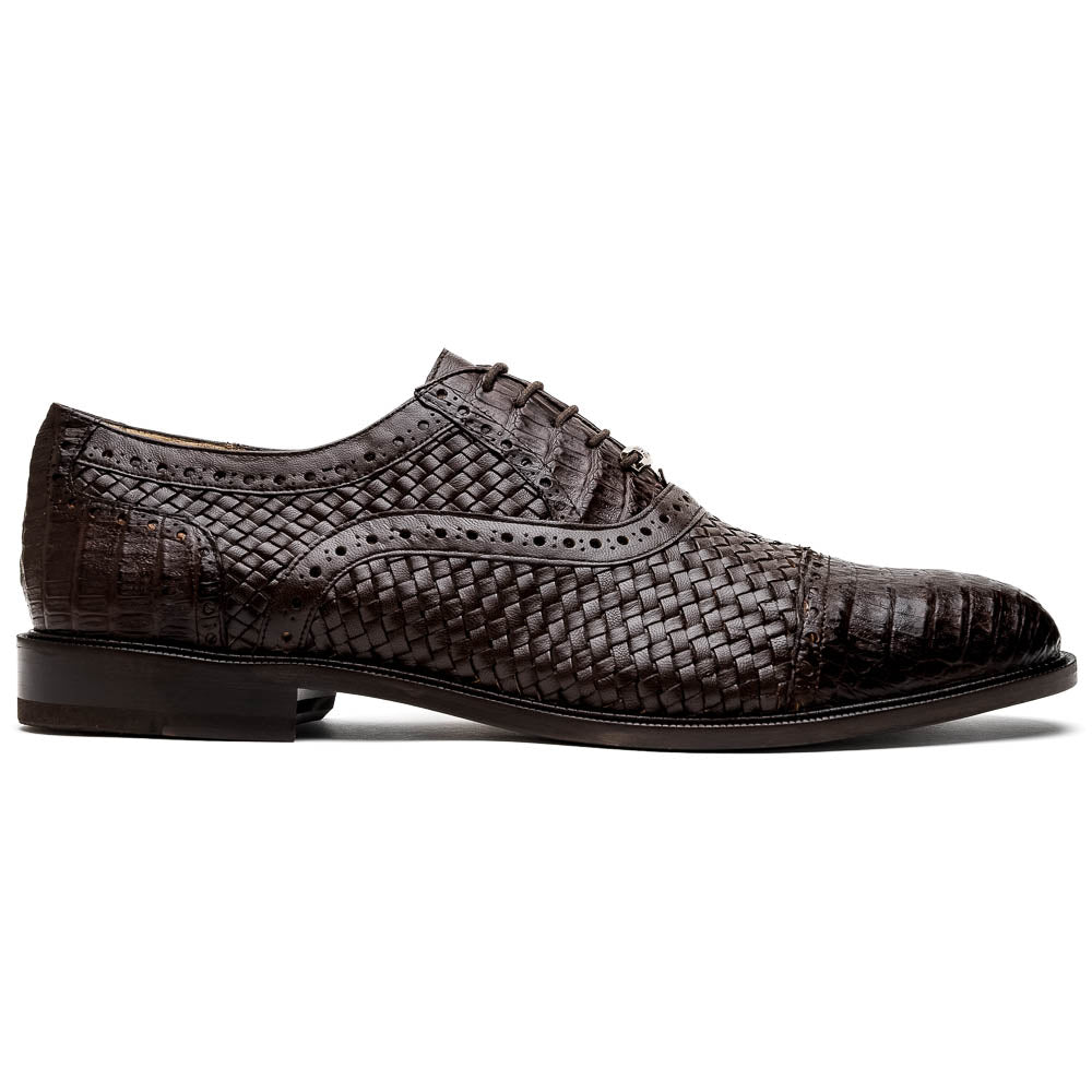 John Classic Oxford Woven Calfskin Genuine Caiman Crocodile Brown