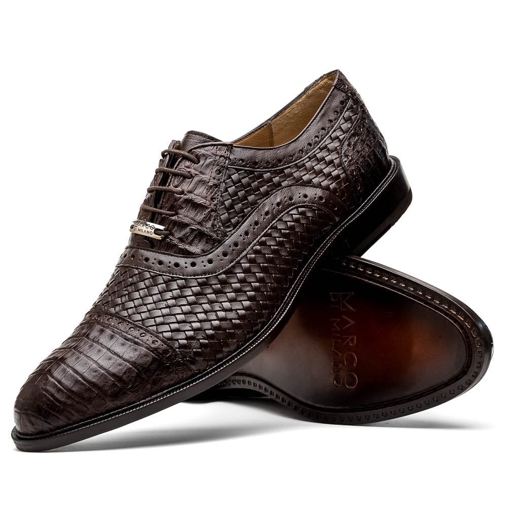 John Classic Oxford Woven Calfskin Genuine Caiman Crocodile Brown
