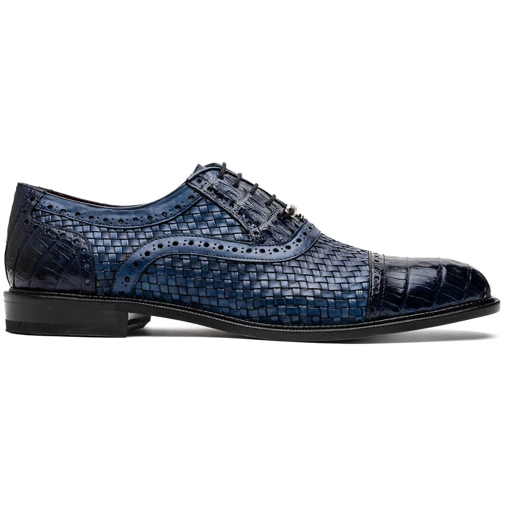 John Exotic Classic Dress Oxford Woven Calfskin Crocodile Shoes Navy