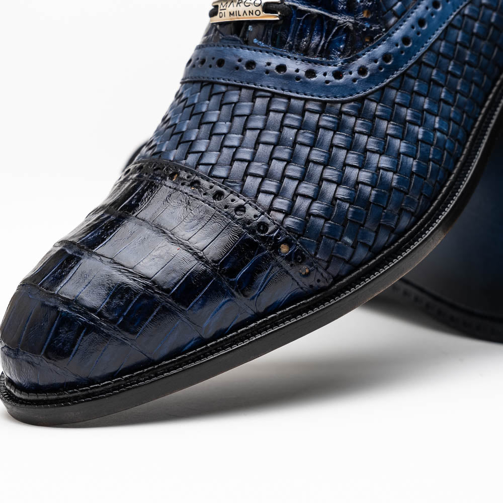John Exotic Classic Dress Oxford Woven Calfskin Crocodile Shoes Navy