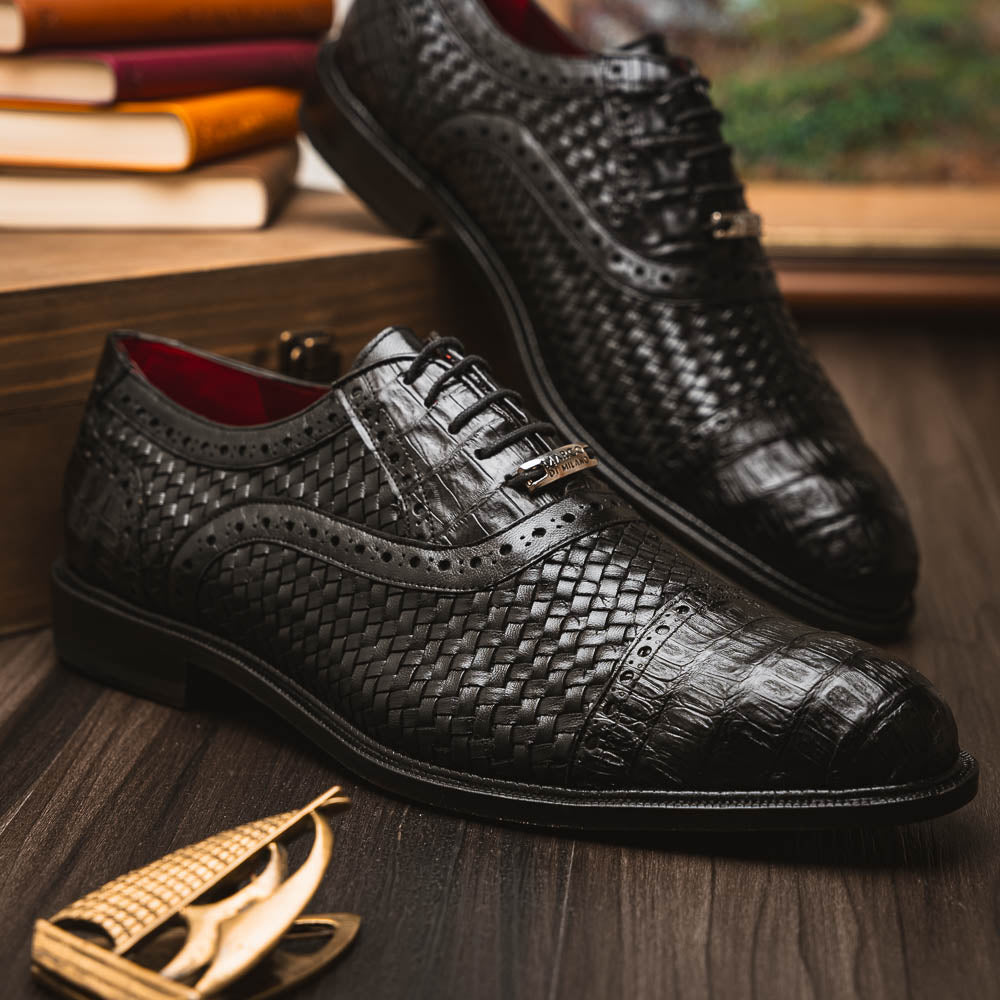 John Classic Dress Oxford Woven Calfskin Crocodile Shoes Black