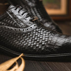 John Classic Dress Oxford Woven Calfskin Crocodile Shoes Black