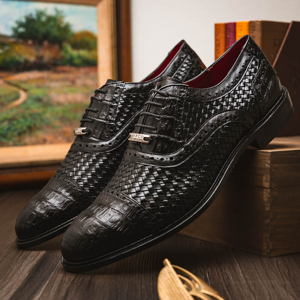 John Classic Dress Oxford Woven Calfskin Crocodile Shoes Black