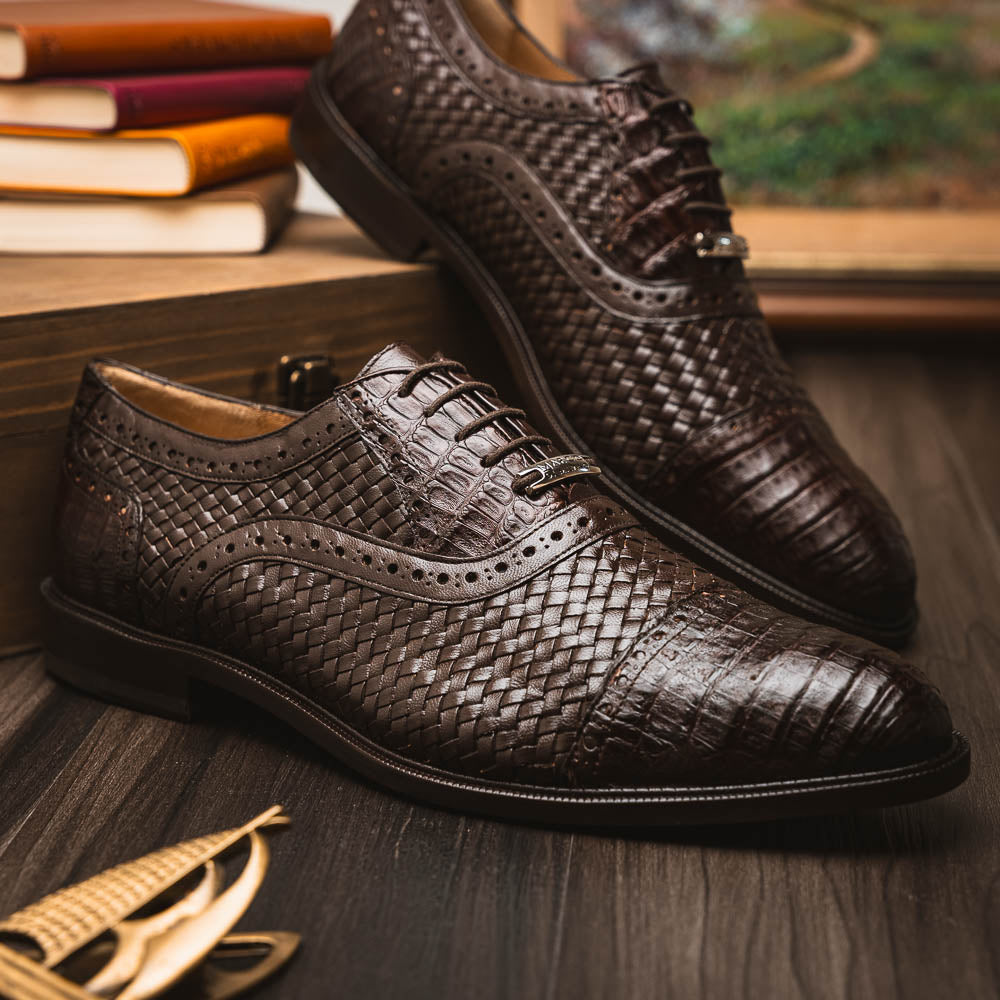 John Classic Oxford Woven Calfskin Genuine Caiman Crocodile Brown