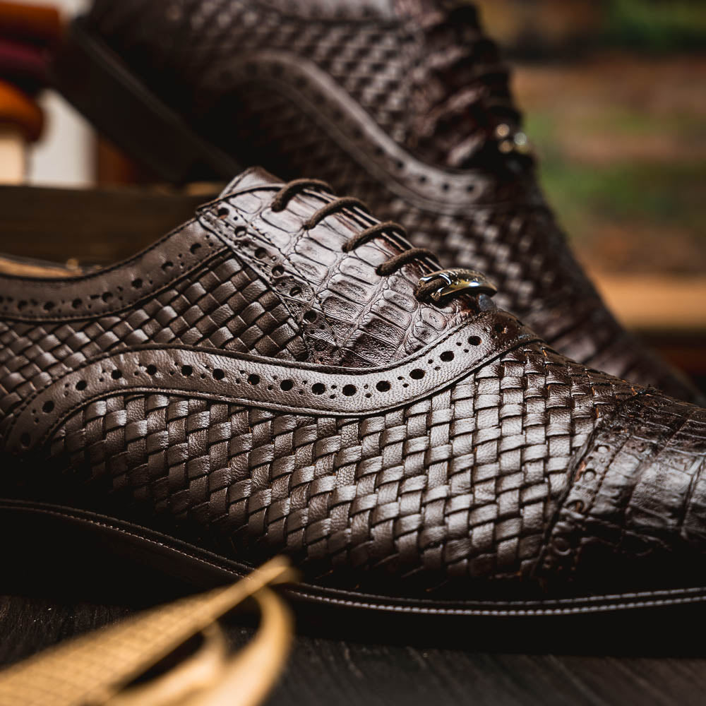 John Classic Oxford Woven Calfskin Genuine Caiman Crocodile Brown