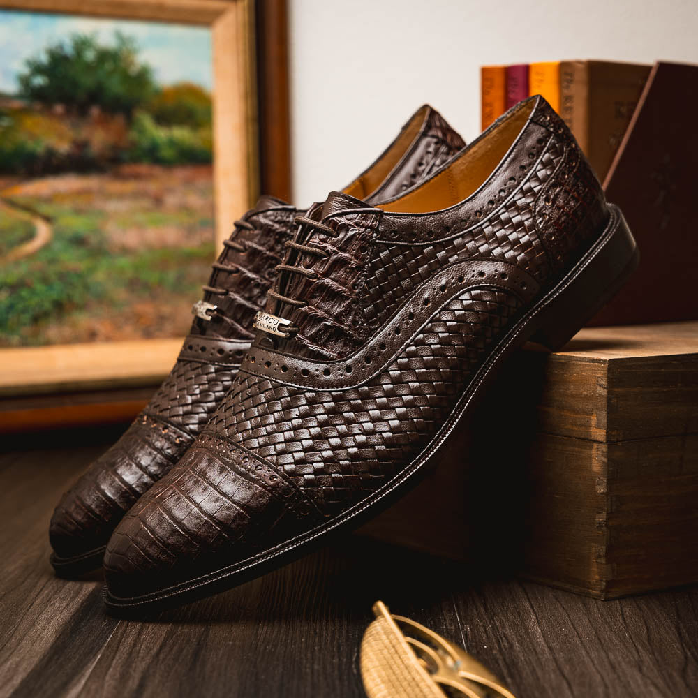 John Classic Oxford Woven Calfskin Genuine Caiman Crocodile Brown