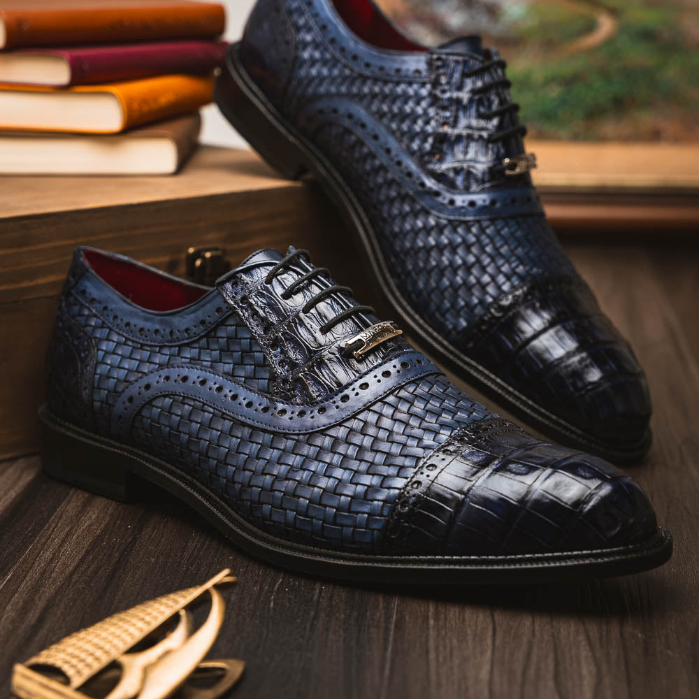 John Exotic Classic Dress Oxford Woven Calfskin Crocodile Shoes Navy