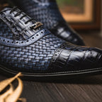 John Exotic Classic Dress Oxford Woven Calfskin Crocodile Shoes Navy