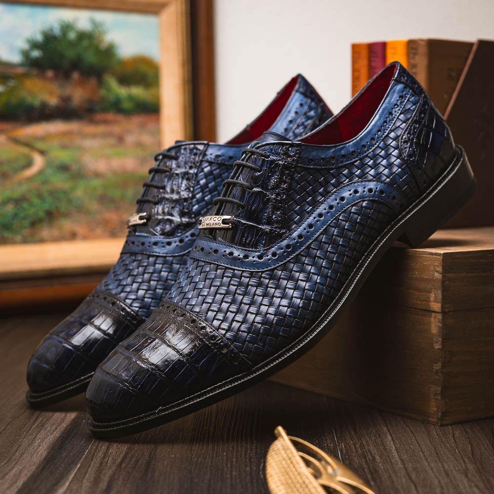 John Exotic Classic Dress Oxford Woven Calfskin Crocodile Shoes Navy
