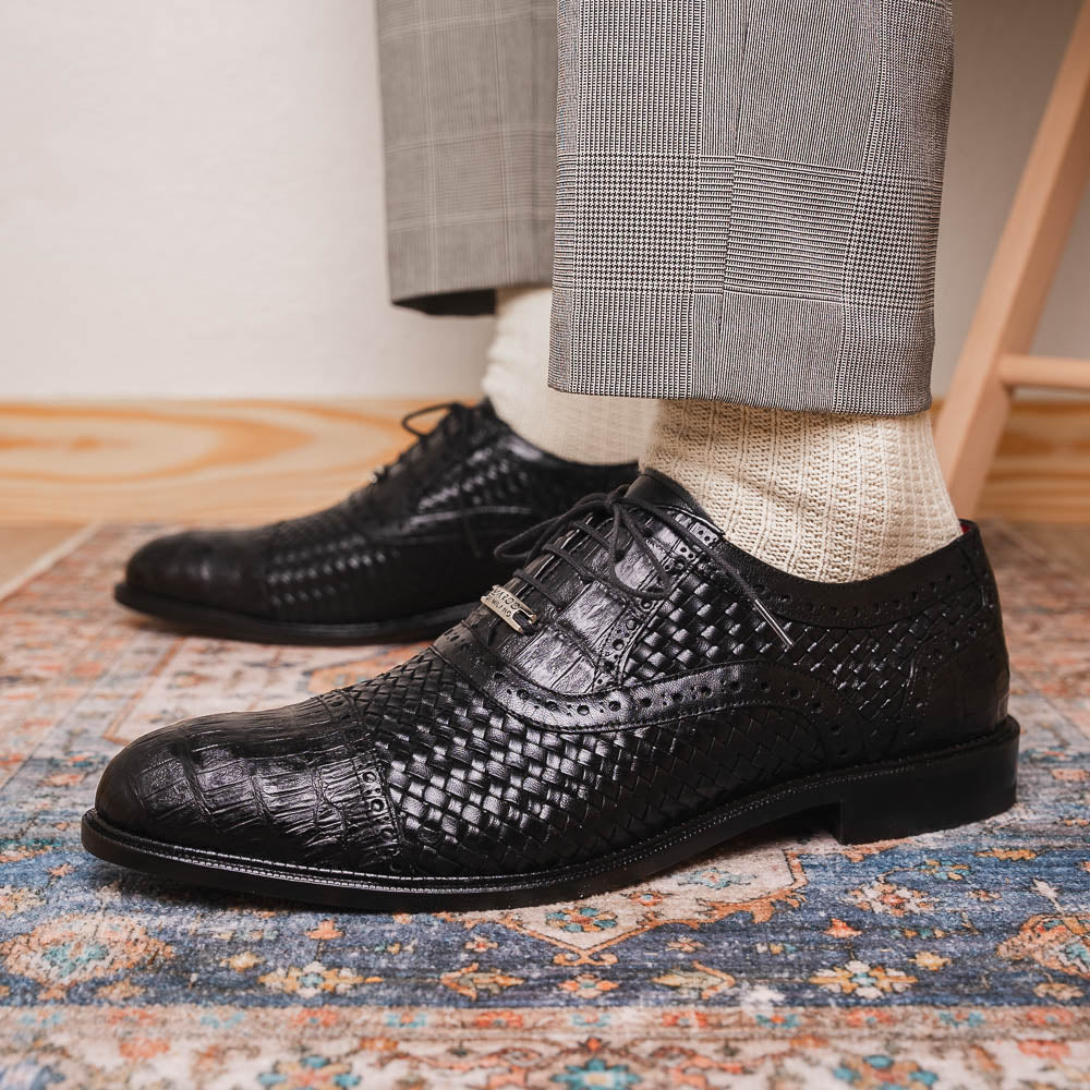 John Classic Dress Oxford Woven Calfskin Crocodile Shoes Black