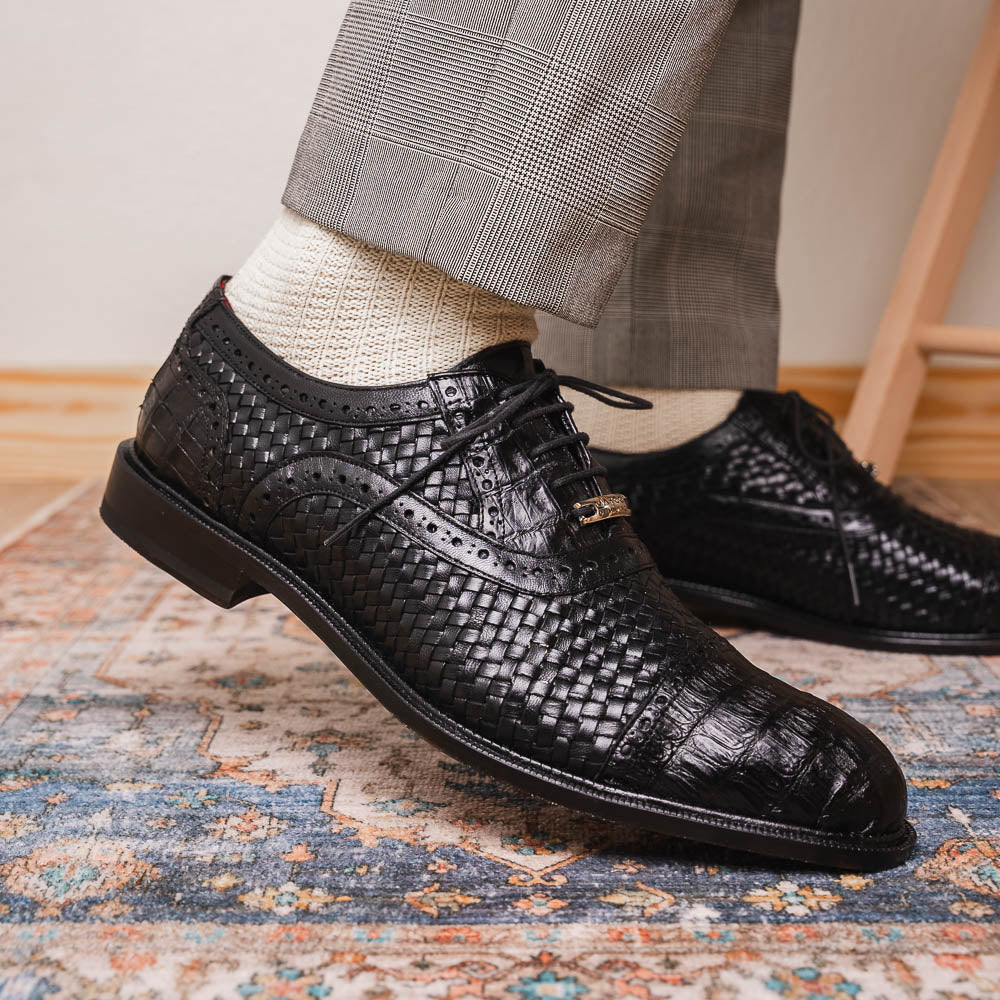 John Classic Dress Oxford Woven Calfskin Crocodile Shoes Black