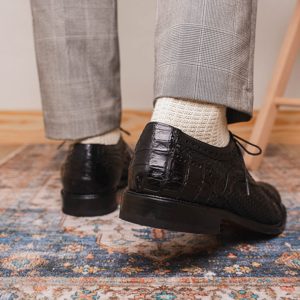 John Classic Dress Oxford Woven Calfskin Crocodile Shoes Black