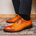 John Classic Dress Shoes Oxford Woven Calfskin Leather Brandy