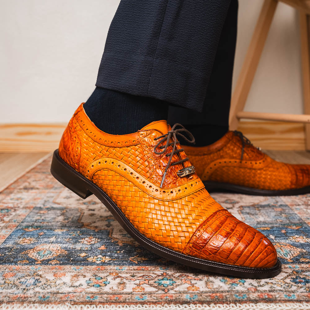 John Classic Dress Shoes Oxford Woven Calfskin Leather Brandy