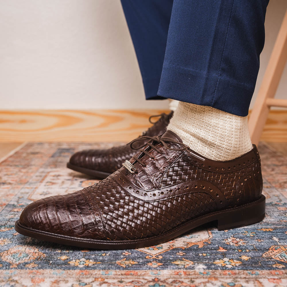 John Classic Oxford Woven Calfskin Genuine Caiman Crocodile Brown