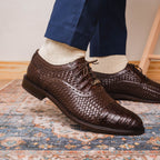 John Classic Oxford Woven Calfskin Genuine Caiman Crocodile Brown