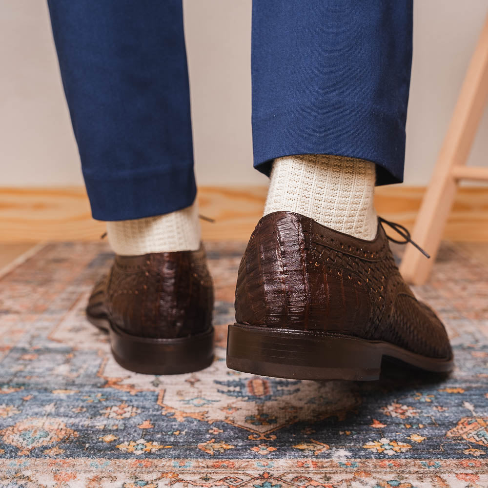 John Classic Oxford Woven Calfskin Genuine Caiman Crocodile Brown