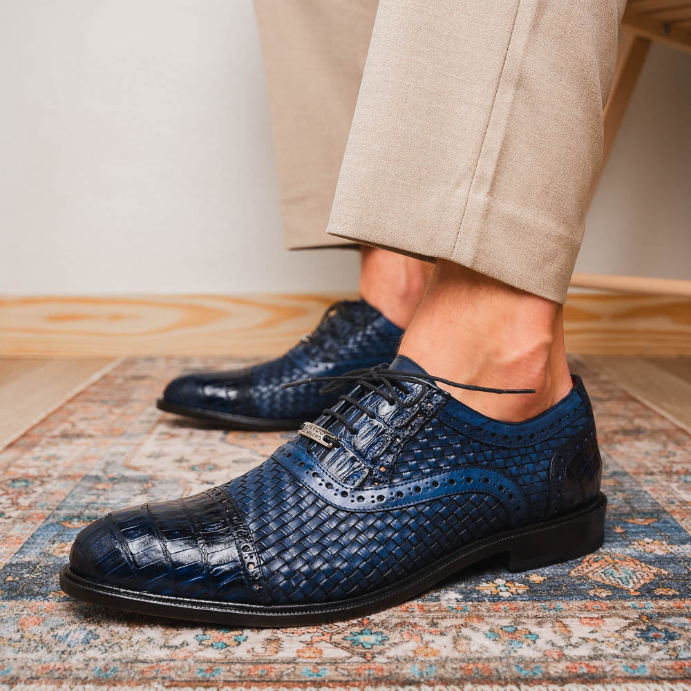 John Exotic Classic Dress Oxford Woven Calfskin Crocodile Shoes Navy
