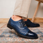 John Exotic Classic Dress Oxford Woven Calfskin Crocodile Shoes Navy