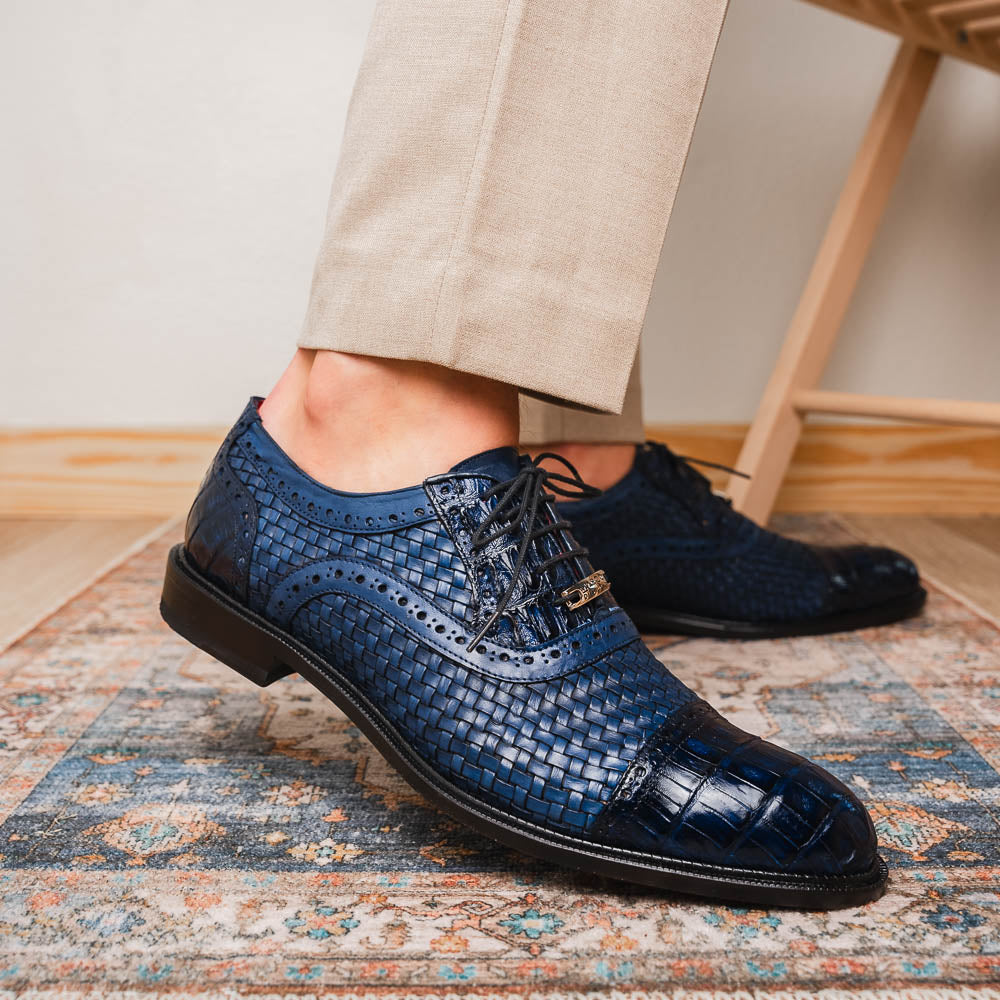 John Exotic Classic Dress Oxford Woven Calfskin Crocodile Shoes Navy