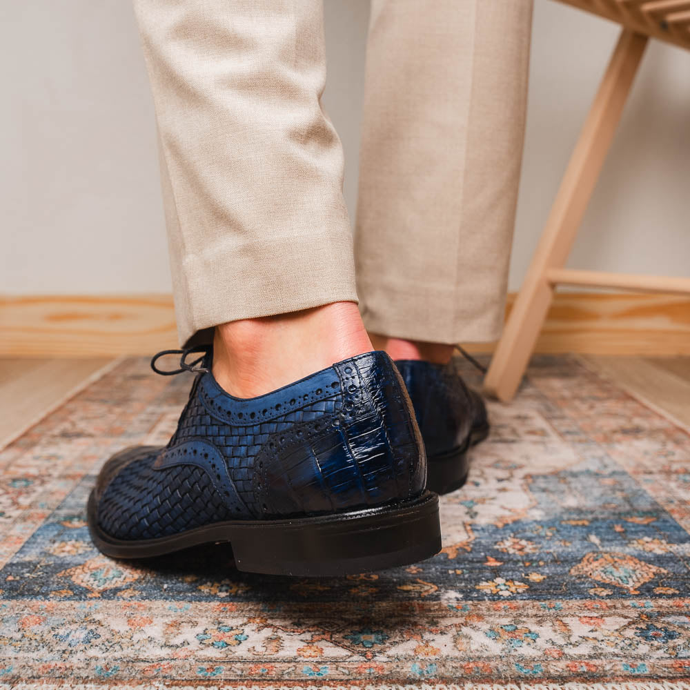 John Exotic Classic Dress Oxford Woven Calfskin Crocodile Shoes Navy