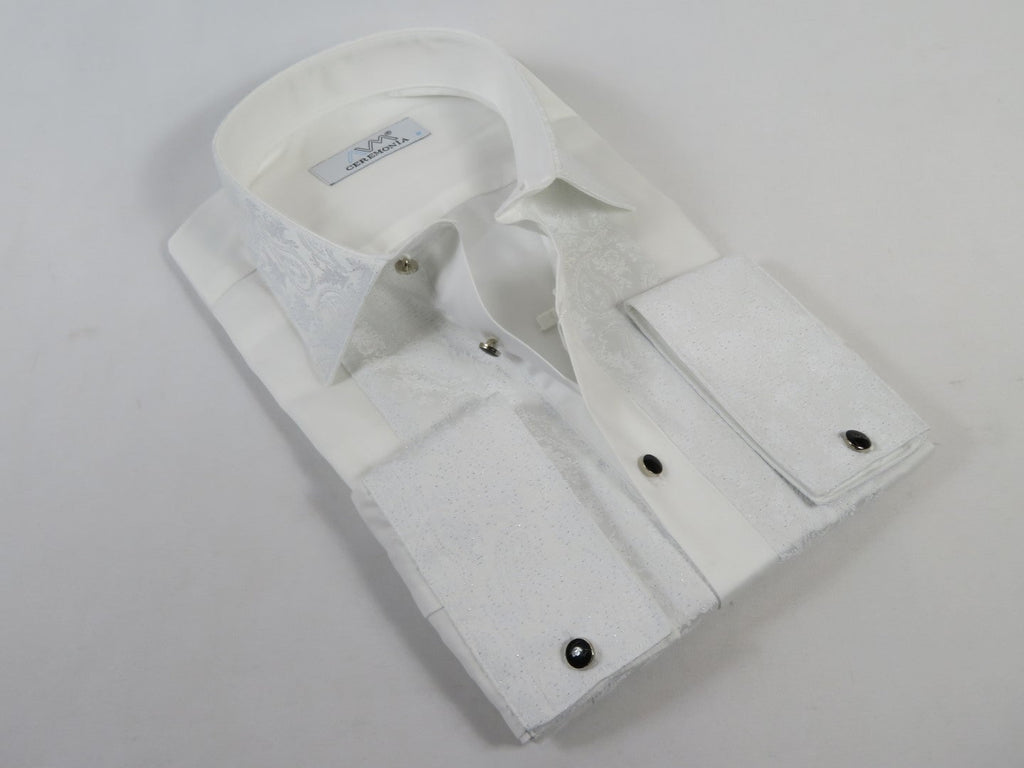 Men CEREMONIA Formal Tux Cotton Shirt Slim Fit Turkey #JKK 13 White Paisley