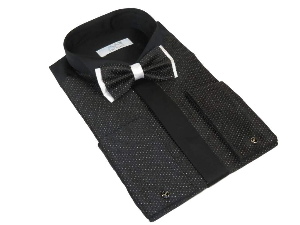 Men CEREMONIA Formal Cotton Shirt Wingtip Slim Fit #JKP 15 Black Pin Dot Bowtie