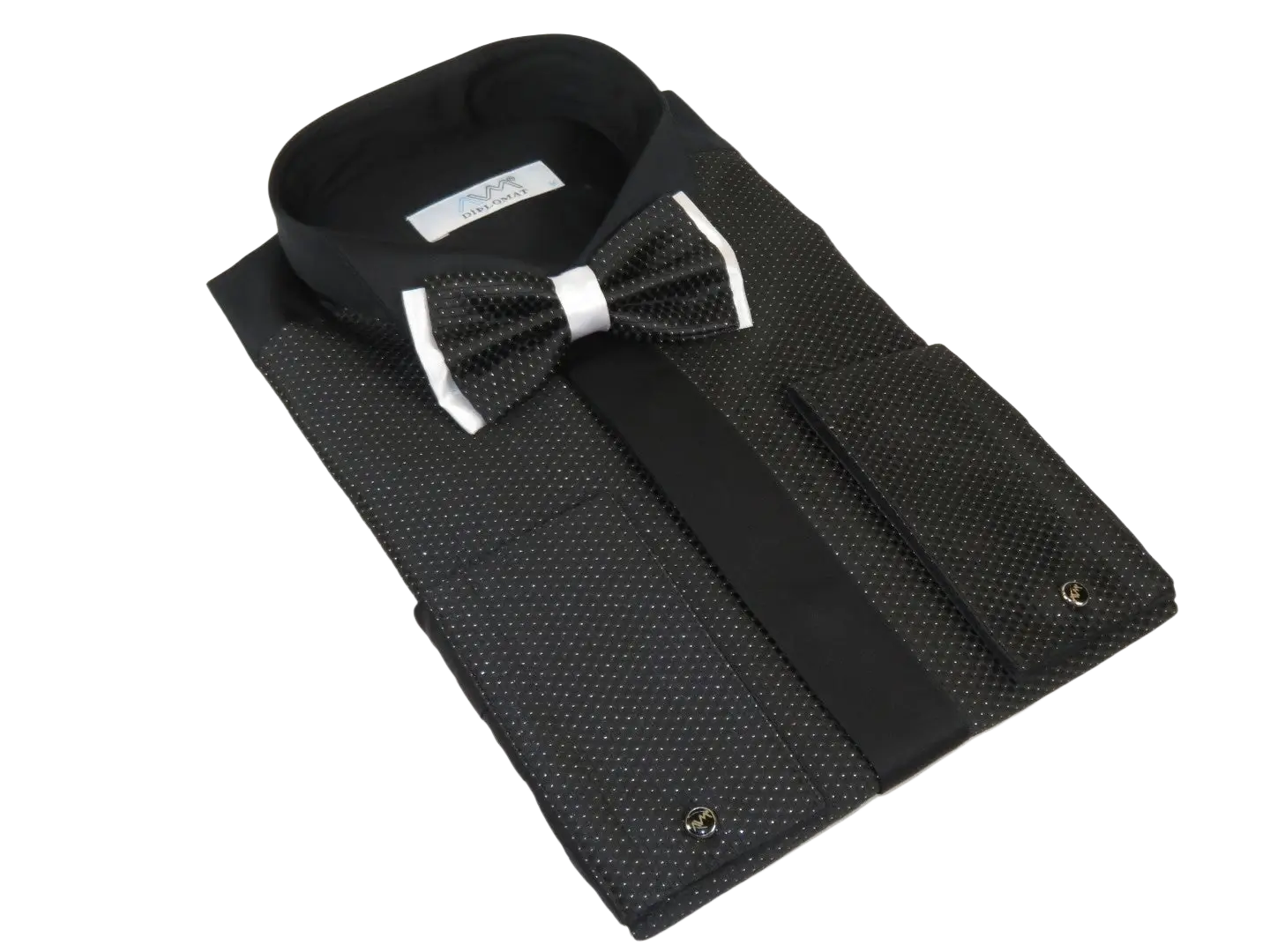 Men CEREMONIA Formal Cotton Shirt Wingtip Slim Fit #JKP 15 Black Pin Dot Bowtie