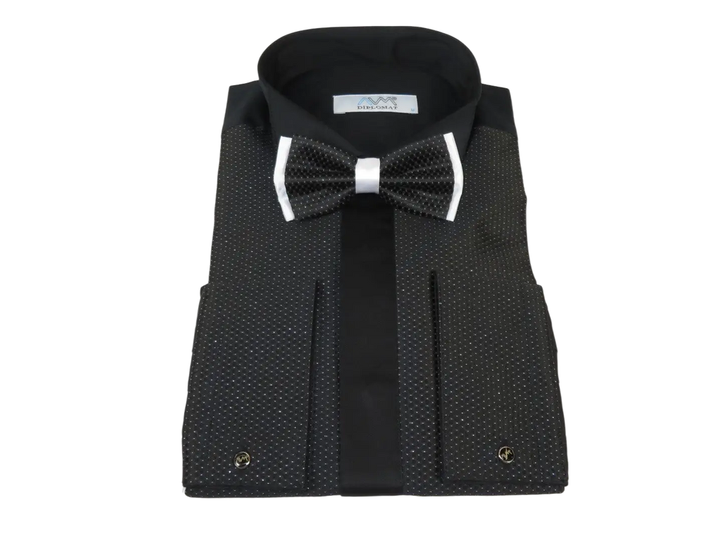 Men CEREMONIA Formal Cotton Shirt Wingtip Slim Fit #JKP 15 Black Pin Dot Bowtie