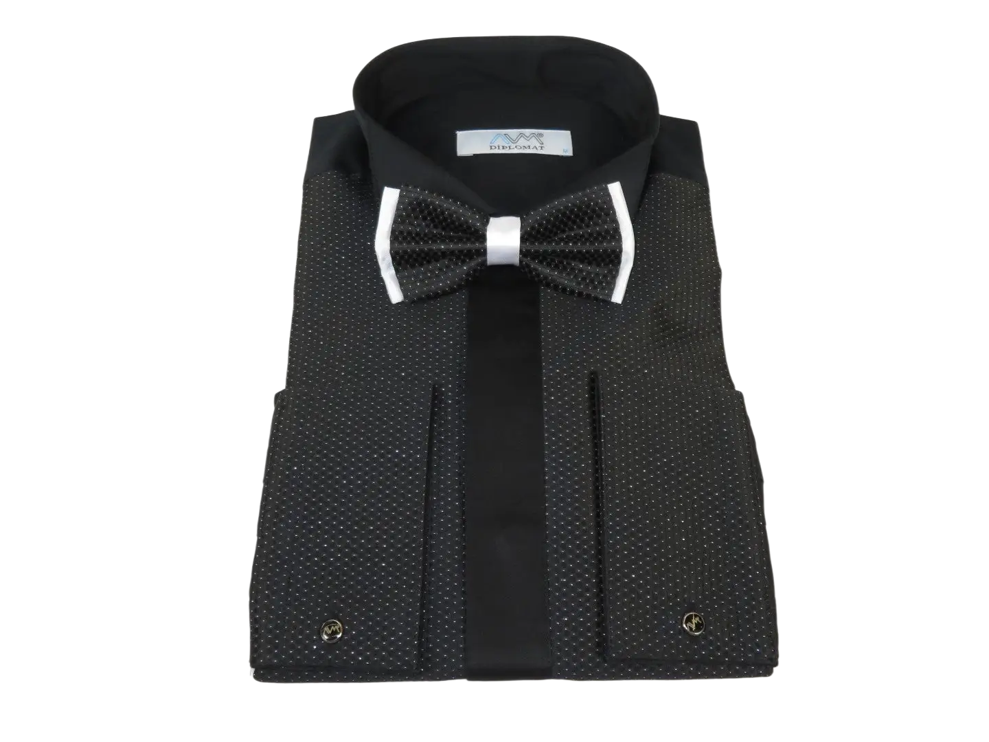 Men CEREMONIA Formal Cotton Shirt Wingtip Slim Fit #JKP 15 Black Pin Dot Bowtie