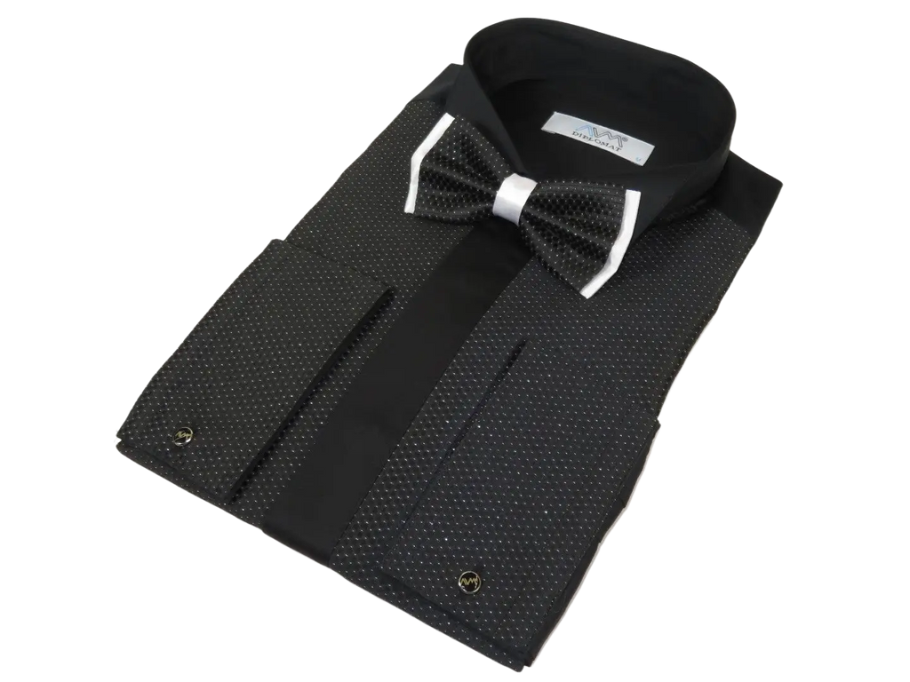 Men CEREMONIA Formal Cotton Shirt Wingtip Slim Fit #JKP 15 Black Pin Dot Bowtie