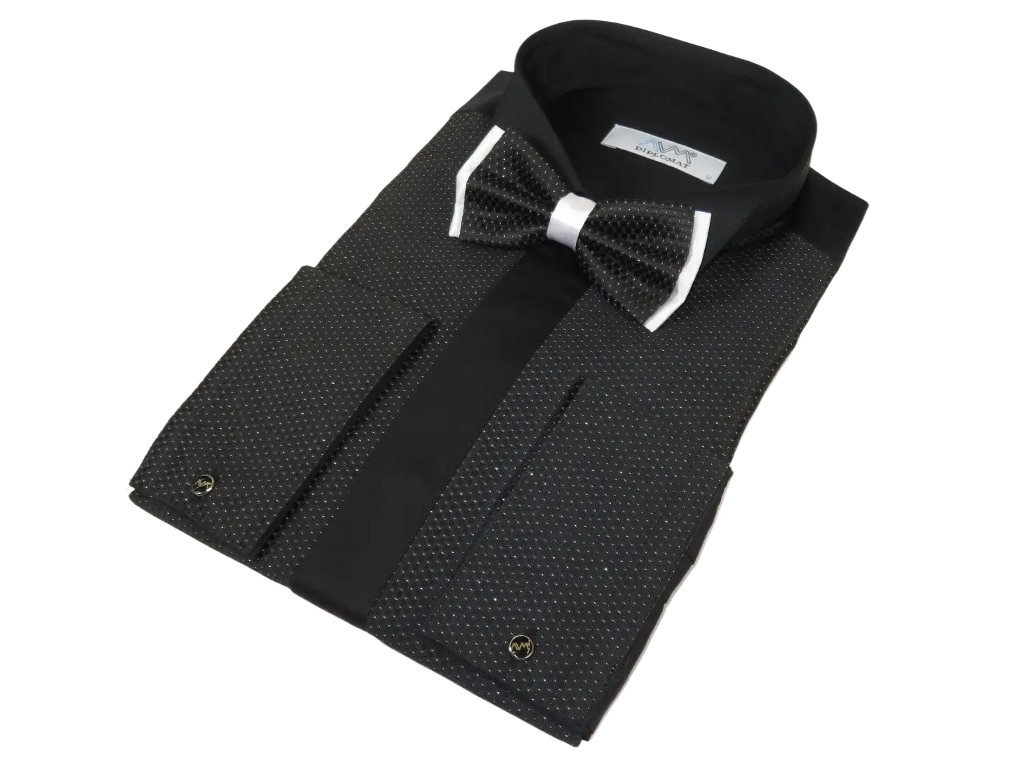 Men CEREMONIA Formal Cotton Shirt Wingtip Slim Fit #JKP 15 Black Pin Dot Bowtie