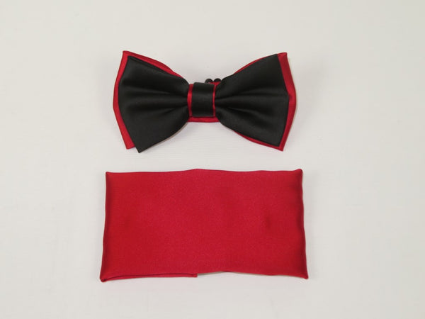 Men's 2-Tone Bow Tie/Hankie Set By J.Valintin Soft Satin Silky JVBT-40 Black Red