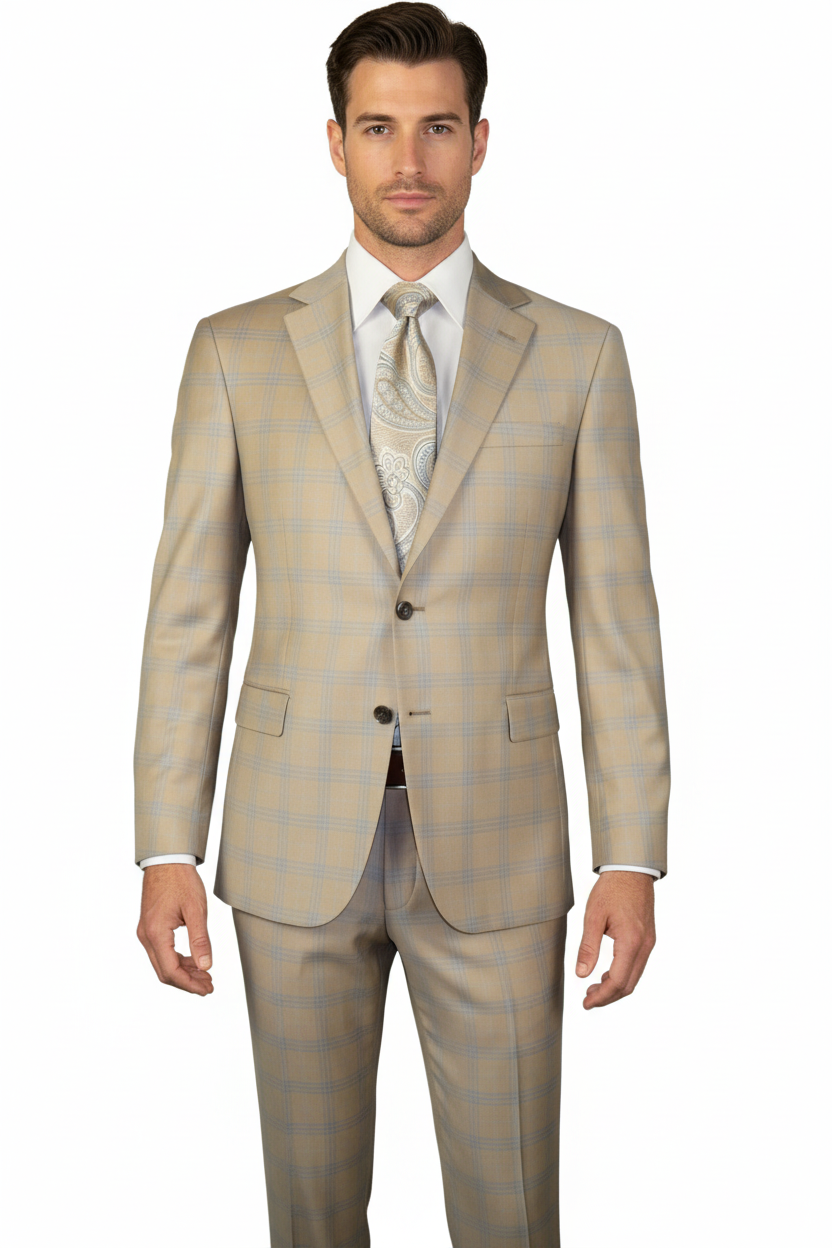 Men Suit BERLUSCONI Turkey Italian Wool 180's Glenn Plaid K167-07 Beige Blue