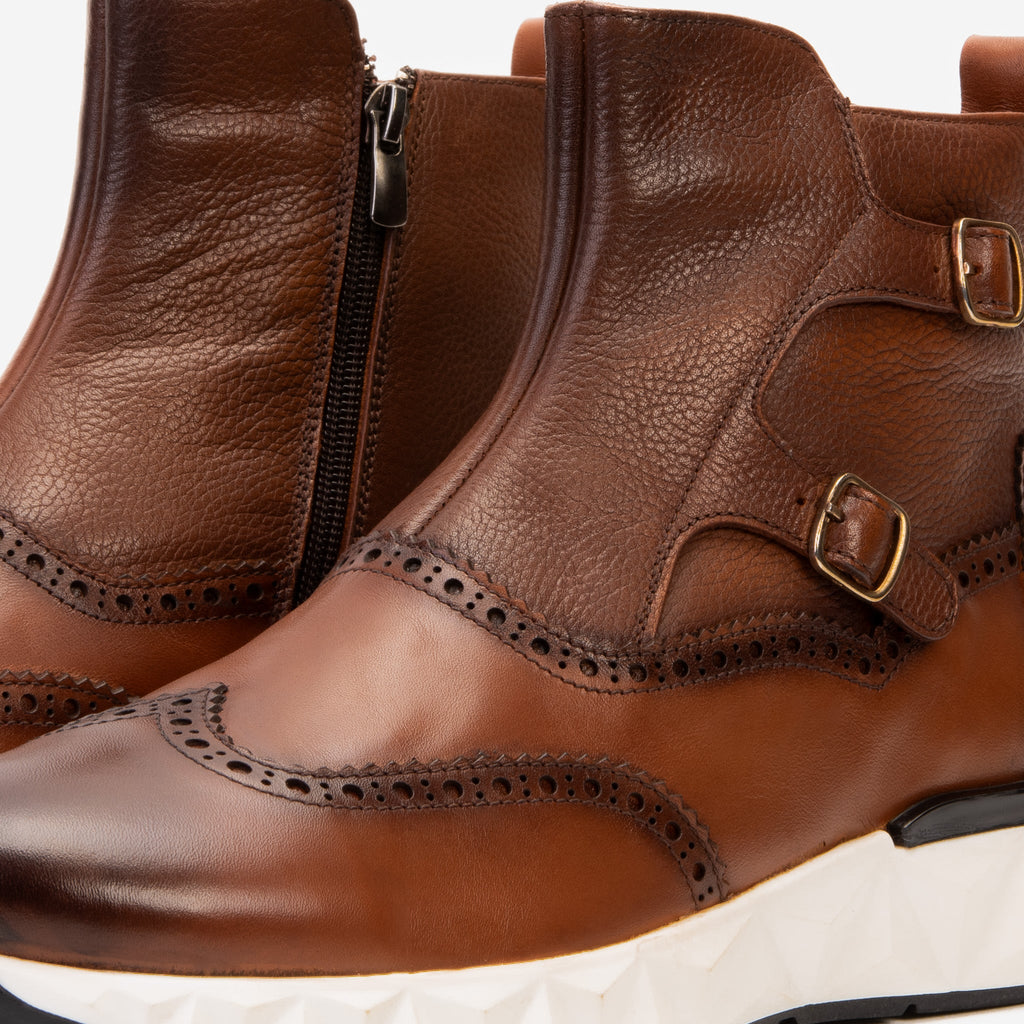 Vinci The Stealth Wingtip Buckle Tan Leather Men Boot