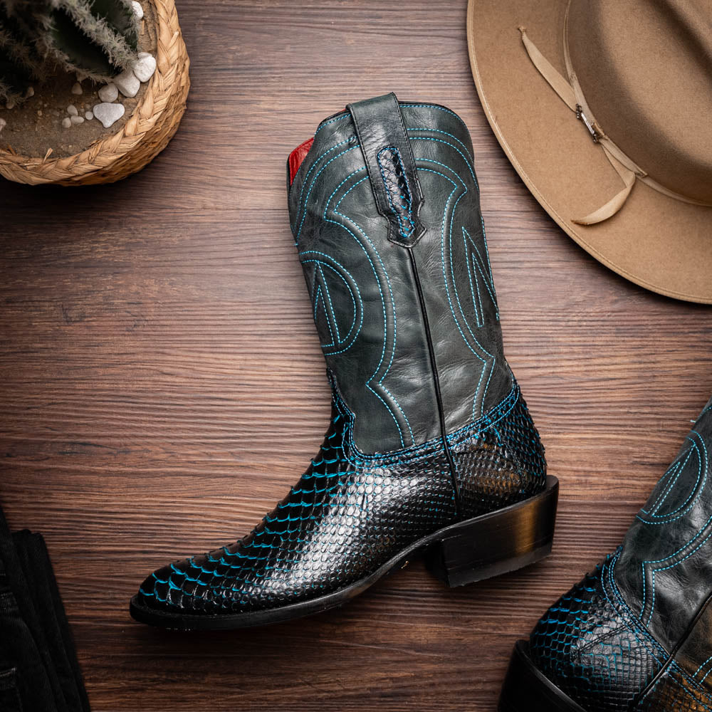 KANSAS Genuine Snake Skin Cowboy Boot from the Western Collection Black Blue