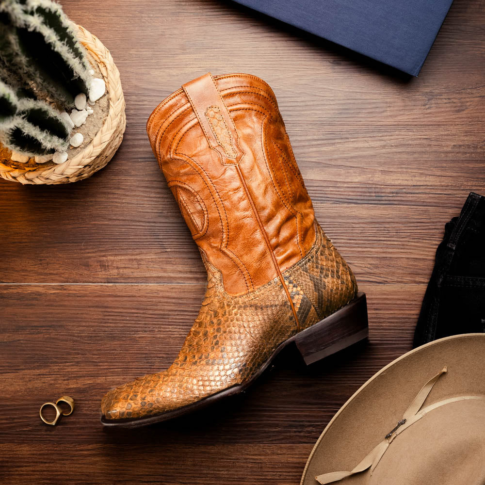 KANSAS Genuine Snake Skin Cowboy Boot from the Western Collection Cognac