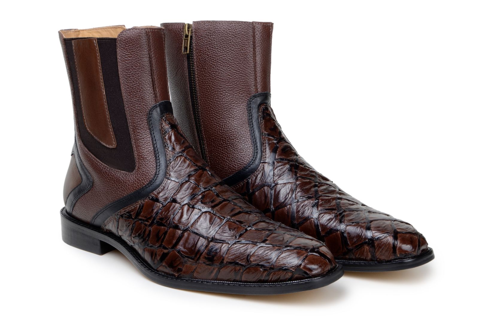 Belvedere Lima Genuine Pirarucu Skin and Pebble Grain Calf Chukka Zipper Boots Brown