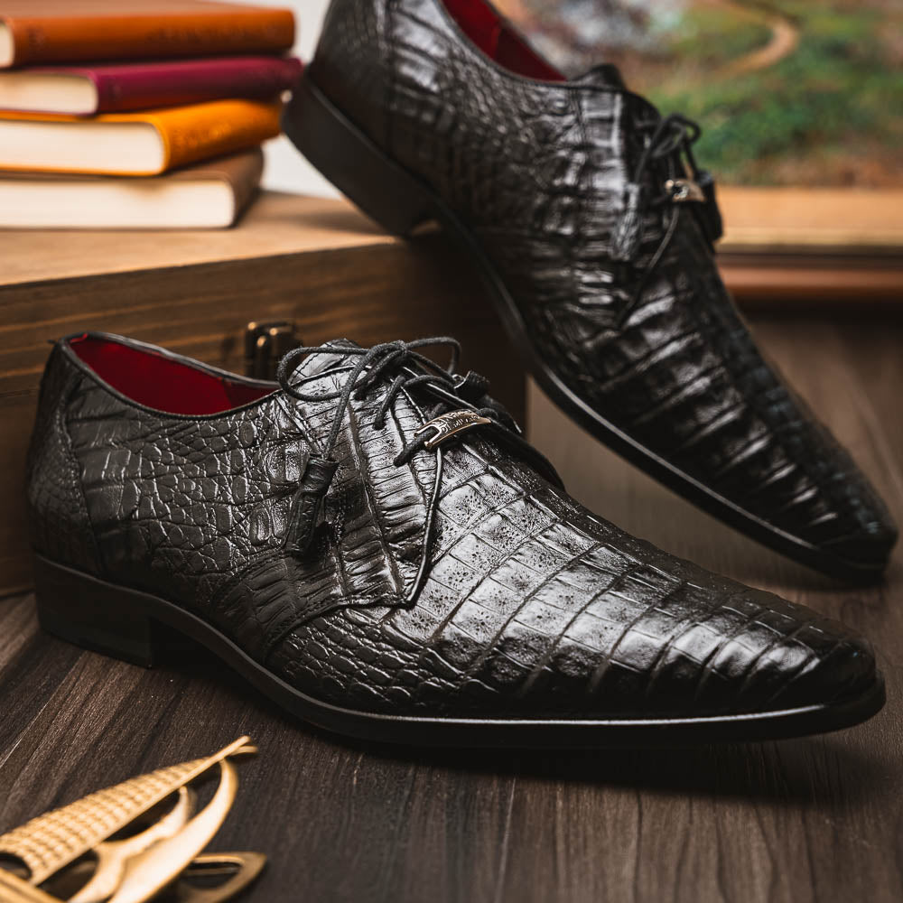 Lacio Genuine Caiman Crocodile Dress Derby's Shoes Black