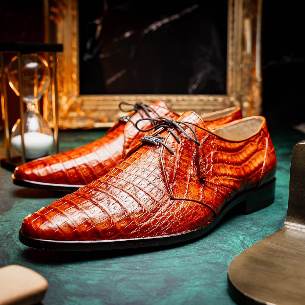 Lacio Genuine Caiman Crocodile Dress Derby's Laces Shoes Brandy