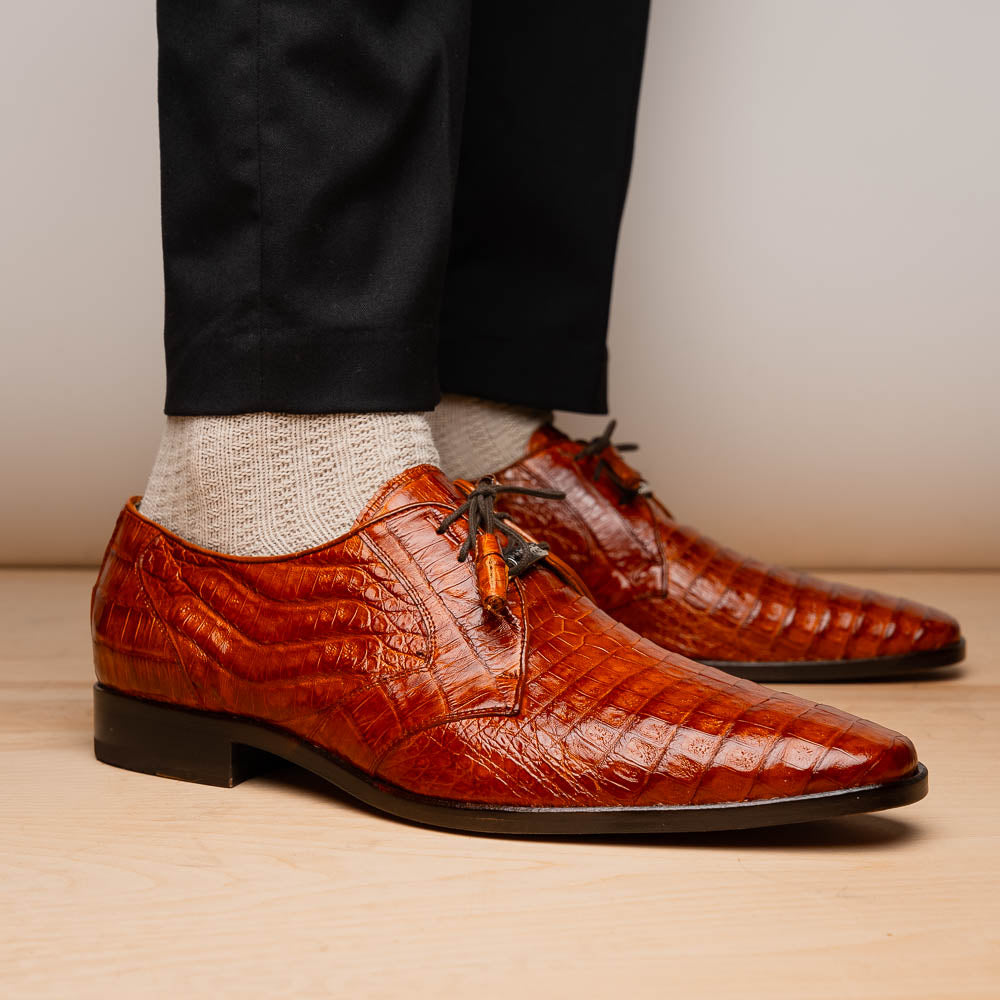 Lacio Genuine Caiman Crocodile Dress Derby's Laces Shoes Brandy