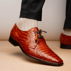 Lacio Genuine Caiman Crocodile Dress Derby's Laces Shoes Brandy