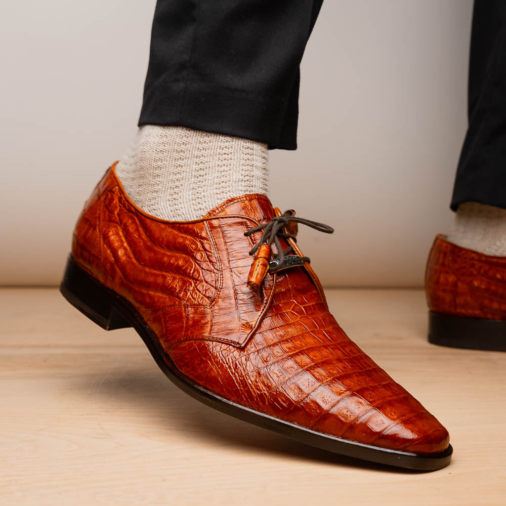 Lacio Genuine Caiman Crocodile Dress Derby's Laces Shoes Brandy